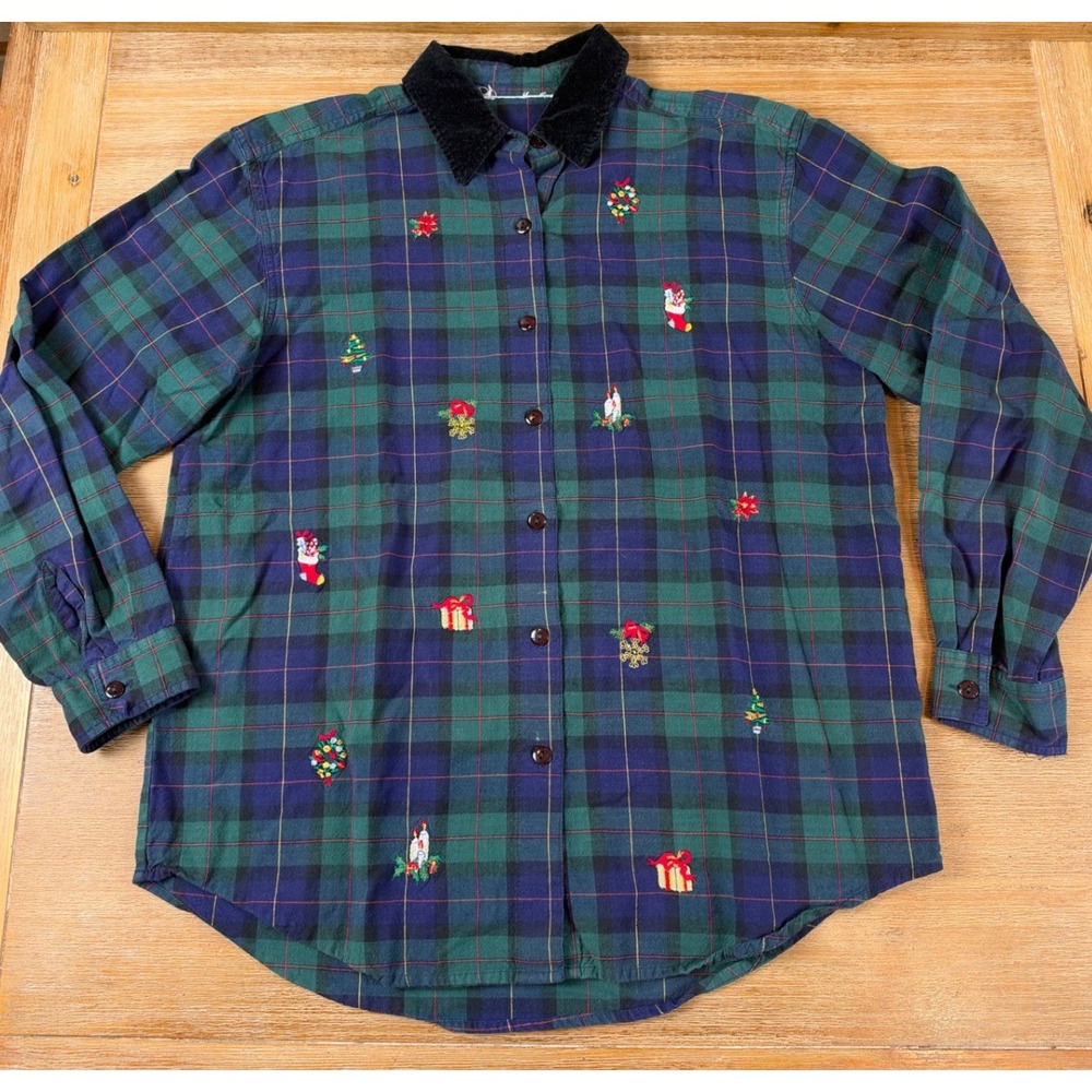 Vintage Christmas Plaid Button Down Shirt Green Blue Embroidered Holiday Sz S